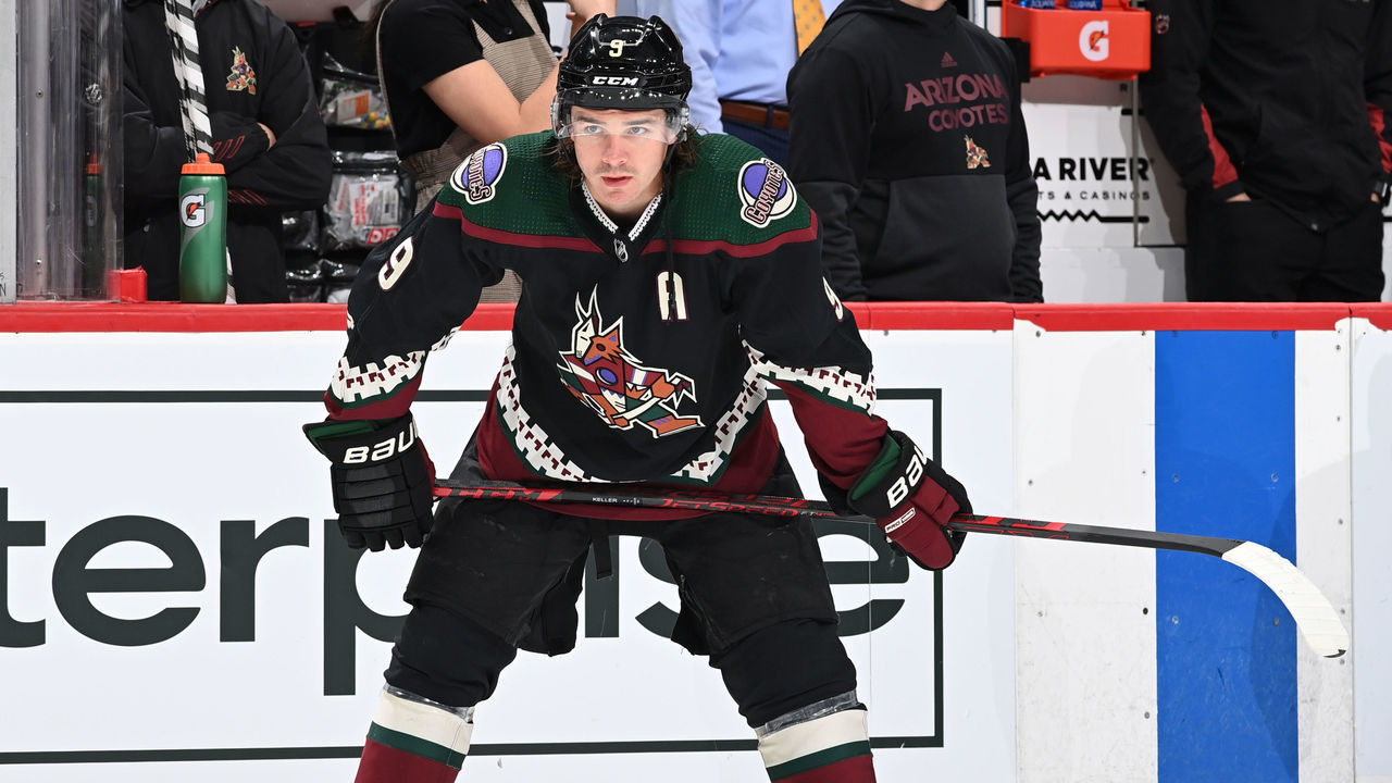 GLENDALE, ARIZONA - MARCH 22: Clayton Keller #9 of the Arizona Coyotes warms up prior to a game against the Seattle Kraken at Gila River Arena on March 22, 2022 in Glendale, Arizona.