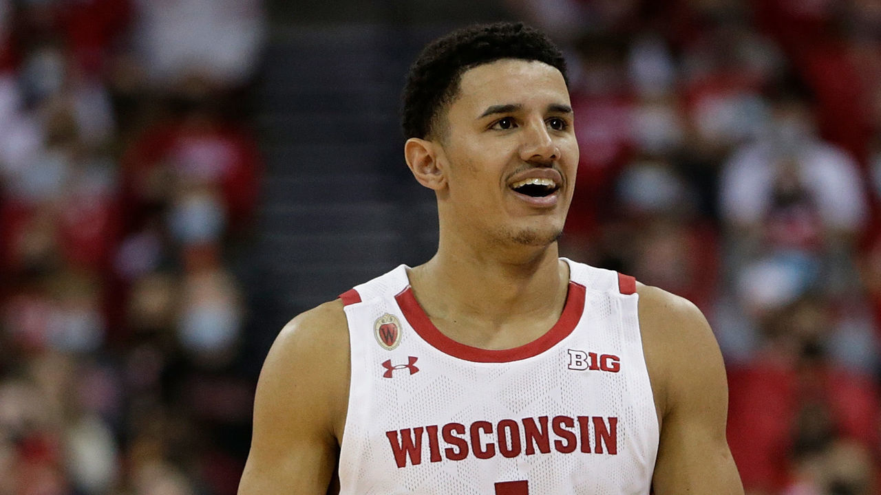 MADISON, WISCONSIN - NOVEMBER 12: Johnny Davis #1 of the Wisconsin Badgers is all smiles during the first half against the Green Bay Phoenix at Kohl Center on November 12, 2021 in Madison, Wisconsin.
