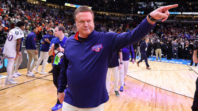 CHICAGO, IL - MARCH 27: Head coach Bill Self of the Kansas Jayhawks celebrates after defeating the Miami (Fl) Hurricanes during the Elite Eight round of the 2022 NCAA Mens Basketball Tournament held at the United Center on March 27, 2022 in Chicago, Illinois.