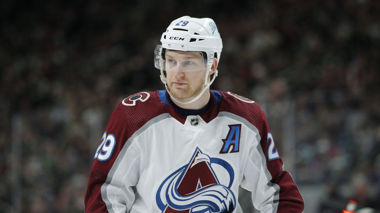ST. PAUL, MN - MARCH 27: Colorado Avalanche Center Nathan MacKinnon (29) gets ready for a faceoff during the NHL game between the Colorado Avalanche and the Minnesota Wild on March 27th, 2022, at Xcel Energy Center in St. Paul, MN.