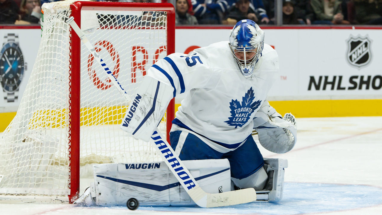 VANCOUVER, BC - FEBRUARY 12: Toronto Maple Leafs goaltender Petr Mrazek (35) makes a save during their NHL game against the Vancouver Canucks at Rogers Arena on February 12, 2022 in Vancouver, British Columbia, Canada.