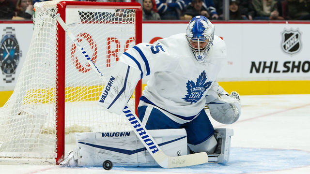 VANCOUVER, BC - FEBRUARY 12: Toronto Maple Leafs goaltender Petr Mrazek (35) makes a save during their NHL game against the Vancouver Canucks at Rogers Arena on February 12, 2022 in Vancouver, British Columbia, Canada.
