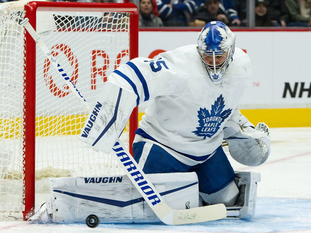 VANCOUVER, BC - FEBRUARY 12: Toronto Maple Leafs goaltender Petr Mrazek (35) makes a save during their NHL game against the Vancouver Canucks at Rogers Arena on February 12, 2022 in Vancouver, British Columbia, Canada.
