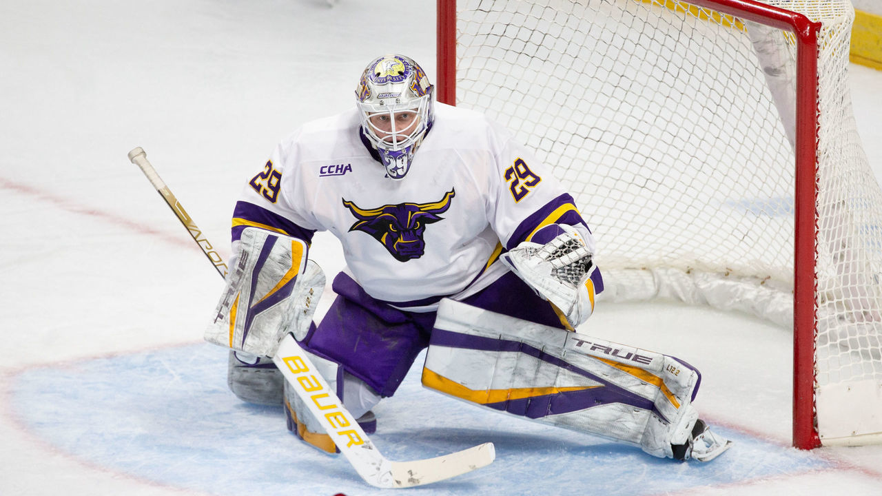 ALBANY, NY - MARCH 24: Dryden McKay #29 of the Minnesota State Mavericks tends goal during the first period against the Harvard Crimson during the NCAA Men's Ice Hockey East Regional game at the MVP Arena on March 24, 2022 in Albany, New York. The Mavericks won 4-3.