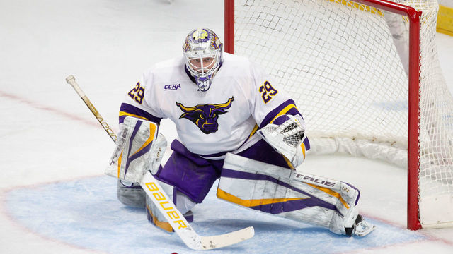 ALBANY, NY - MARCH 24: Dryden McKay #29 of the Minnesota State Mavericks tends goal during the first period against the Harvard Crimson during the NCAA Men's Ice Hockey East Regional game at the MVP Arena on March 24, 2022 in Albany, New York. The Mavericks won 4-3.