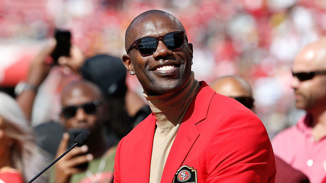 SANTA CLARA, CALIFORNIA - SEPTEMBER 22: Former San Francisco 49ers player Terrell Owens looks on during his 49ers Hall of Fame induction ceremony at half time of the game between the San Francisco 49ers and the Pittsburgh Steelers at Levi's Stadium on September 22, 2019 in Santa Clara, California.