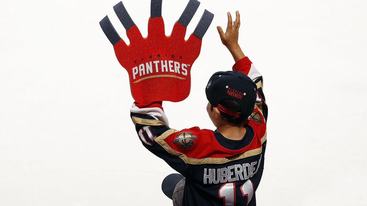 SUNRISE, FL - MARCH 29: A Florida Panthers fan loans his support to his team after a 7-4 win over the Montreal Canadiens at the FLA Live Arena on March 29, 2022 in Sunrise, Florida.