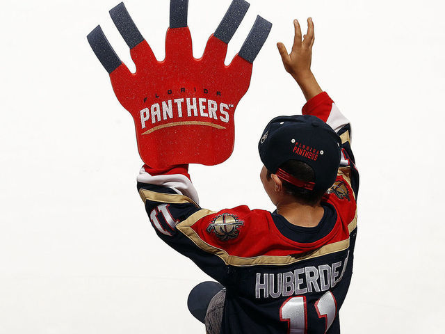 SUNRISE, FL - MARCH 29: A Florida Panthers fan loans his support to his team after a 7-4 win over the Montreal Canadiens at the FLA Live Arena on March 29, 2022 in Sunrise, Florida.