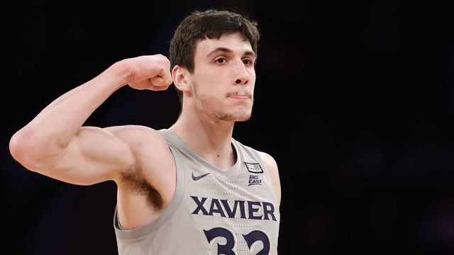 NEW YORK, NEW YORK - MARCH 09: Zach Freemantle #32 of the Xavier Musketeers reacts against the Butler Bulldogs in the second half of the game during the 2022 Big East Tournament at Madison Square Garden on March 09, 2022 in New York City.