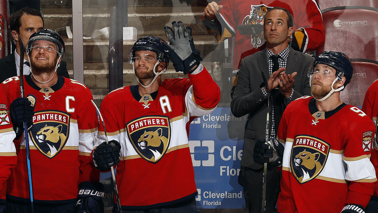 SUNRISE, FL - MARCH 31: Jonathan Huberdeau #11 of the Florida Panthers salutes the crowd after breaking a NHL record for the most assists in one season by a Left Wing in NHL history at 71 against the Chicago Blackhawks at the FLA Live Arena on March 31, 2022 in Sunrise, Florida.
