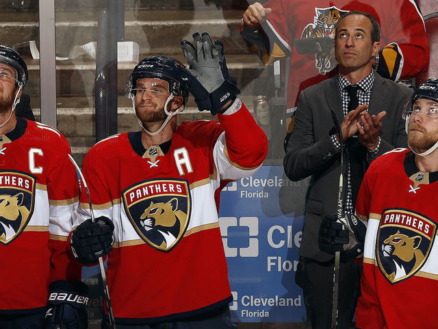 SUNRISE, FL - MARCH 31: Jonathan Huberdeau #11 of the Florida Panthers salutes the crowd after breaking a NHL record for the most assists in one season by a Left Wing in NHL history at 71 against the Chicago Blackhawks at the FLA Live Arena on March 31, 2022 in Sunrise, Florida.