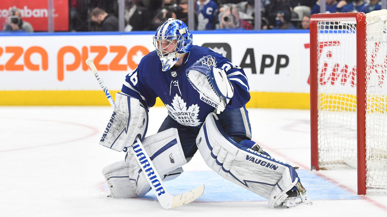 TORONTO, ON - MARCH 05: Toronto Maple Leafs Goalie Jack Campbell (36) tracks the play in goal during the third period during the NHL regular season game between the Vancouver Canucks and the Toronto Maple Leafs on March 05, 2022, at Scotiabank Arena in Toronto, ON, Canada.