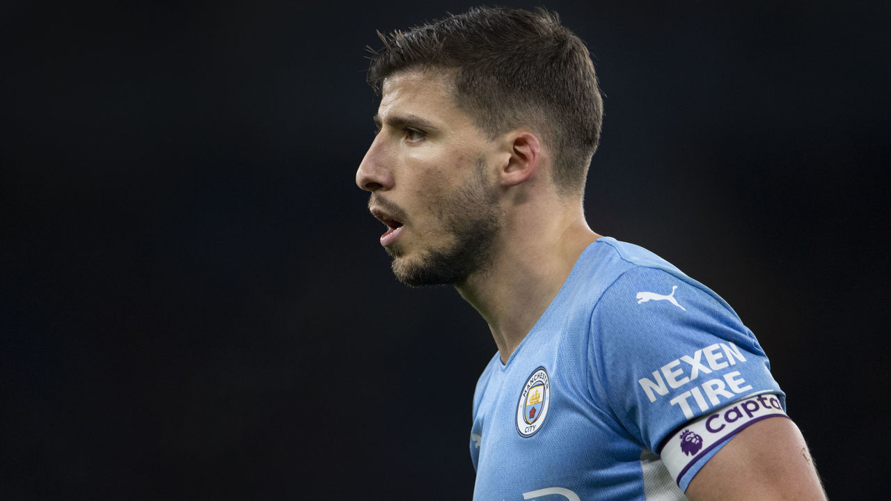 MANCHESTER, ENGLAND - FEBRUARY 09: Ruben Dias "rof Manchester City in action during the Premier League match between Manchester City and Brentford at Etihad Stadium on February 9, 2022 in Manchester, United Kingdom.