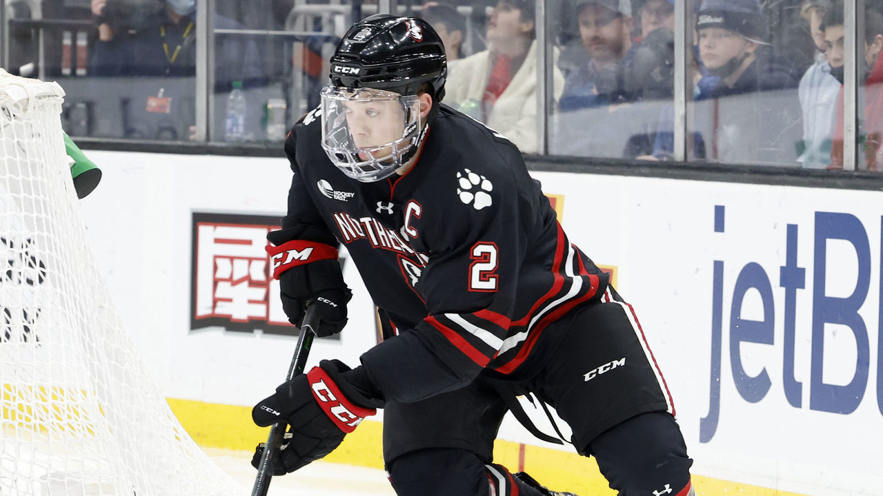 BOSTON, MA - FEBRUARY 07: Northeastern University Huskies defenseman Jordan Harris (2) starts up ice during a Beanpot semi-final between the Boston College Eagles and the Northeastern University Huskies on February 7, 2022, at TD Garden in Boston, Massachusetts.