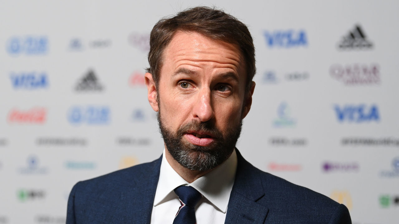 DOHA, QATAR - APRIL 01: Gareth Southgate, Manager of England speaks in the Mixed Zone after the FIFA World Cup Qatar 2022 Final Draw at the Doha Exhibition Center on April 01, 2022 in Doha, Qatar.
