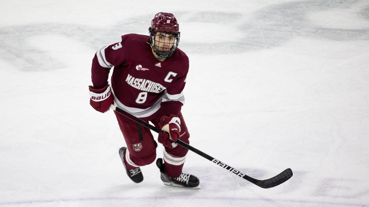 LOWELL, MA - JANUARY 30: Bobby Trivigno #8 of the Massachusetts Minutemen skates against the UMass Lowell River Hawks during NCAA men's hockey at the Tsongas Center on January 30, 2022 in Lowell, Massachusetts. The Minutemen won 4-3.