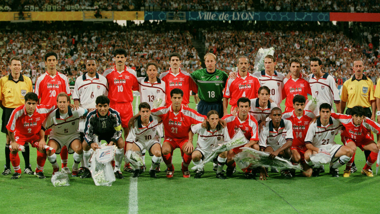 The teams of Iran and USA before the 1998 World Cup soccer match.