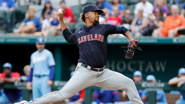 ARLINGTON, TEXAS - OCTOBER 03: Emmanuel Clase #48 of the Cleveland Indians pitches in the ninth inning against the Texas Rangers at Globe Life Field on October 03, 2021 in Arlington, Texas.