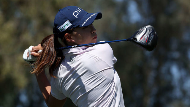 RANCHO MIRAGE, CALIFORNIA - APRIL 01: Hinako Shibuno of Japan hits her tee shot on the 13th hole during the second round of The Chevron Championship at The Westin Mission Hills Golf Resort & Spa on April 01, 2022 in Rancho Mirage, California.