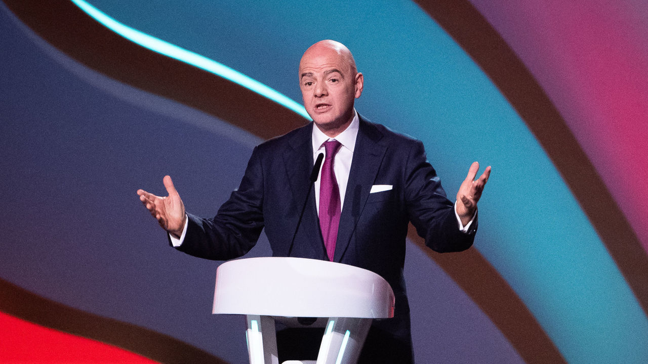 DOHA, QATAR - APRIL 01: Gianni Infantino, President of FIFA, gives a speech at Doha Exhibition Center on April 01, 2022 in Doha, Qatar.