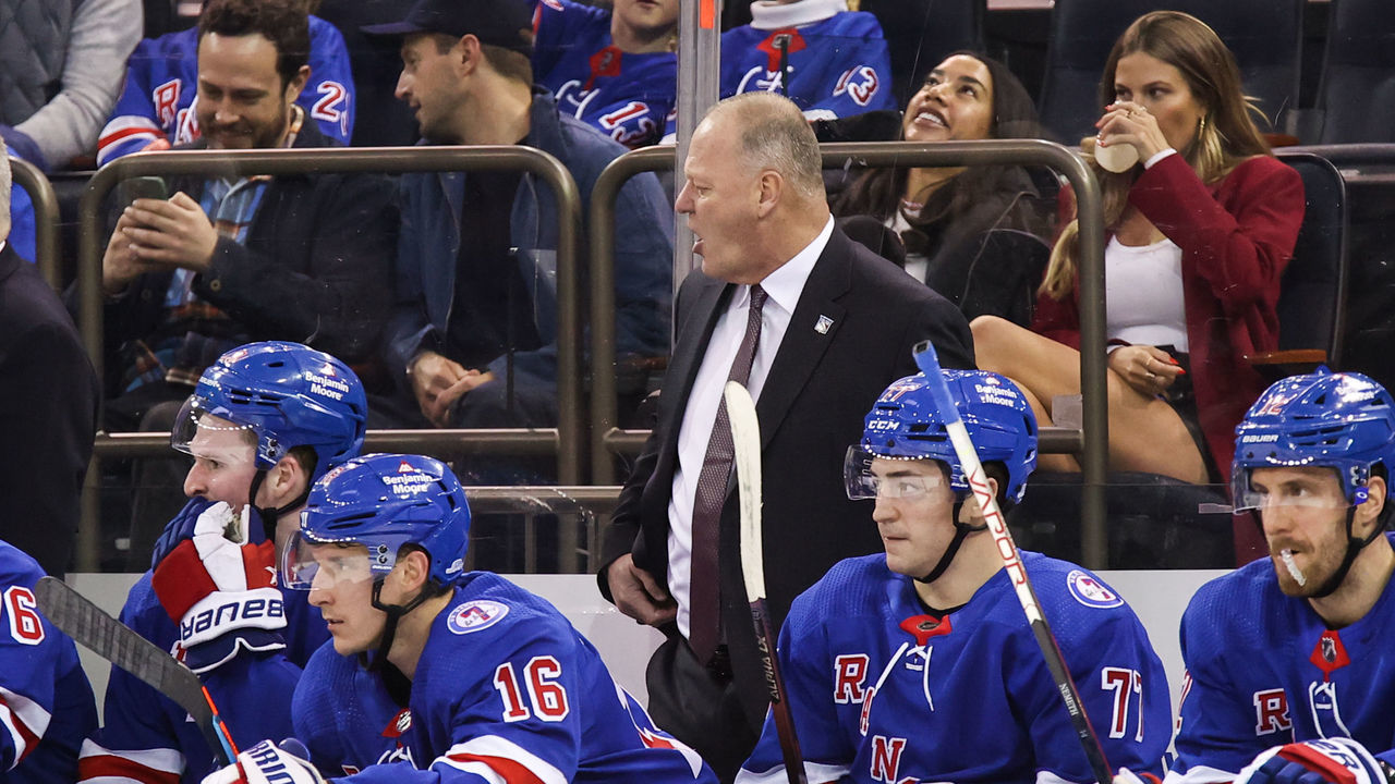 NEW YORK, NY - MARCH 25: New York Rangers Head Coach Gerard Gallant is pictured during the National Hockey League game between the Pittsburgh Penguins and the New York Rangers on March 25, 2022 at Madison Square Garden in New York, NY.