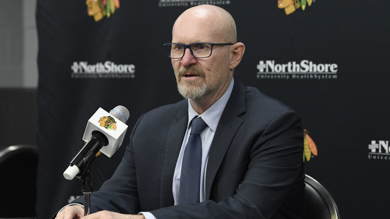 CHICAGO, ILLINOIS - NOVEMBER 07: Interim head coach Derek King of the Chicago Blackhawks talks to the press after the Blackhawks defeated the Nashville Predators 2-1 in overtime at United Center on November 07, 2021 in Chicago, Illinois.