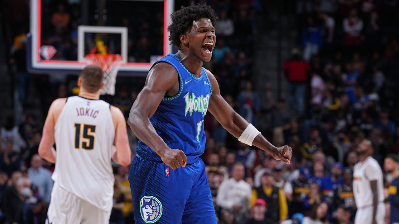 DENVER, CO - APRIL 1: Anthony Edwards #1 of the Minnesota Timberwolves celebrates during the game against the Denver Nuggets on April 1, 2022 at the Ball Arena in Denver, Colorado. NOTE TO USER: User expressly acknowledges and agrees that, by downloading and/or using this Photograph, user is consenting to the terms and conditions of the Getty Images License Agreement. Mandatory Copyright Notice: Copyright 2022 NBAE