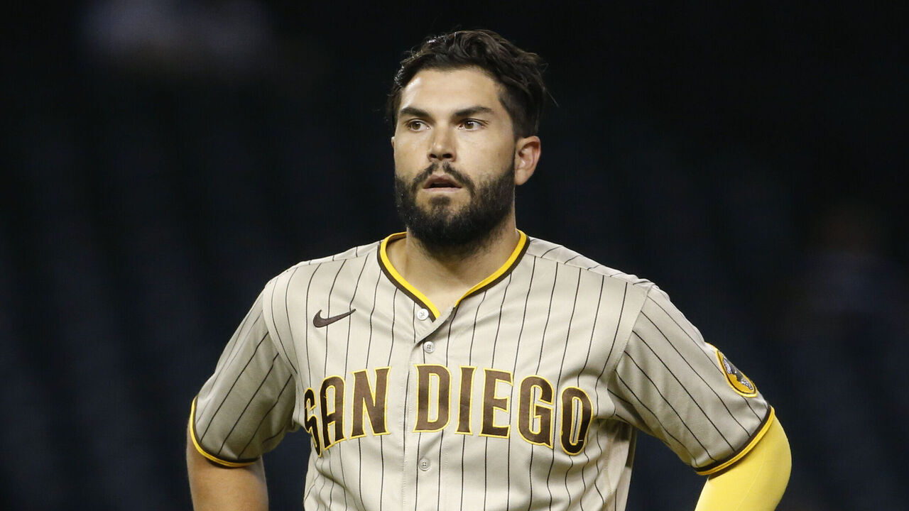 PHOENIX, ARIZONA - AUGUST 12: Eric Hosmer #30 of the San Diego Padres reacts after flying out to center field against the Arizona Diamondbacks during the eighth inning of the MLB game at Chase Field on August 12, 2021 in Phoenix, Arizona.