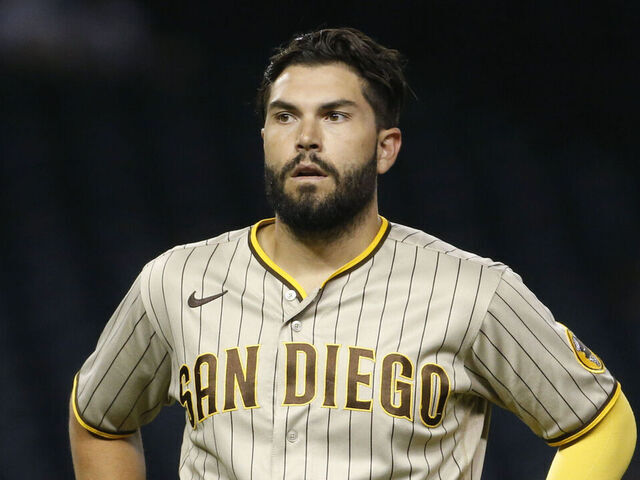 PHOENIX, ARIZONA - AUGUST 12: Eric Hosmer #30 of the San Diego Padres reacts after flying out to center field against the Arizona Diamondbacks during the eighth inning of the MLB game at Chase Field on August 12, 2021 in Phoenix, Arizona.