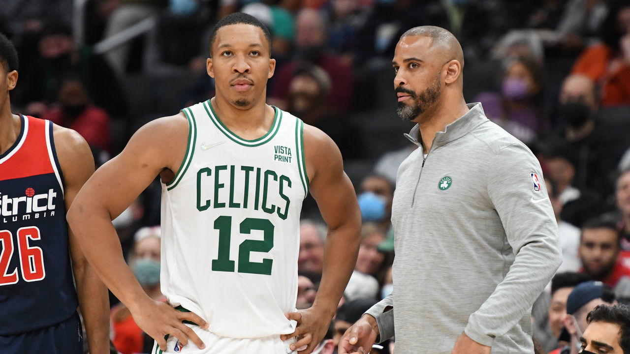 WASHINGTON, DC - OCTOBER 30: Head coach Ime Udoka talks to Grant Williams #12 of the Boston Celtics dribbles up court during a NBA basketball game against the Washington Wizards at Capital One Arena on October 30, 2021 in Washington, DC.