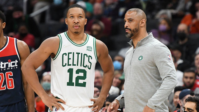 WASHINGTON, DC - OCTOBER 30: Head coach Ime Udoka talks to Grant Williams #12 of the Boston Celtics dribbles up court during a NBA basketball game against the Washington Wizards at Capital One Arena on October 30, 2021 in Washington, DC.