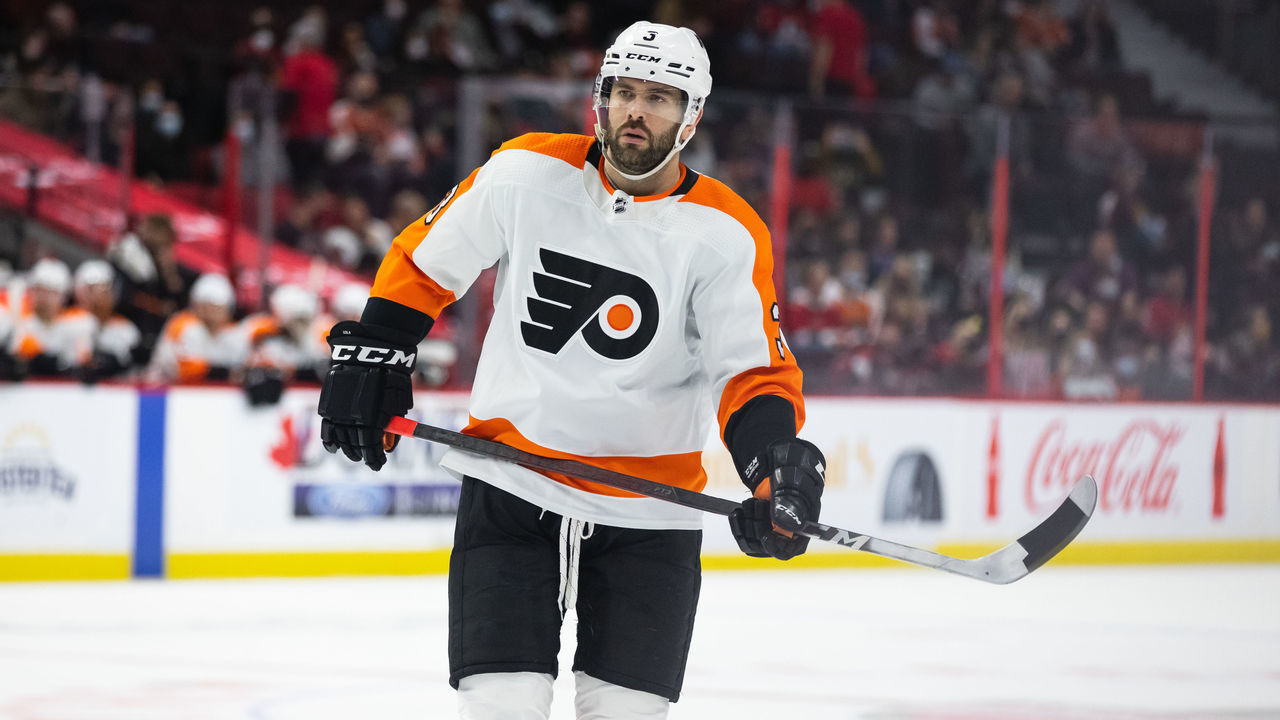 OTTAWA, ON - MARCH 18: Philadelphia Flyers Defenceman Keith Yandle (3) before a face-off during third period National Hockey League action between the Philadelphia Flyers and Ottawa Senators on March 18, 2022, at Canadian Tire Centre in Ottawa, ON, Canada.