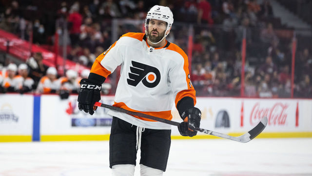 OTTAWA, ON - MARCH 18: Philadelphia Flyers Defenceman Keith Yandle (3) before a face-off during third period National Hockey League action between the Philadelphia Flyers and Ottawa Senators on March 18, 2022, at Canadian Tire Centre in Ottawa, ON, Canada.