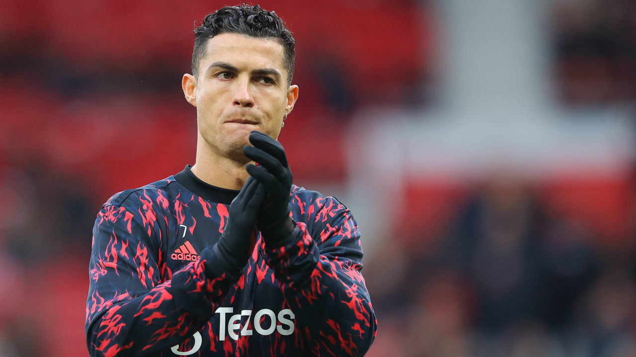 MANCHESTER, ENGLAND - MARCH 12: Cristiano Ronaldo of Manchester United applauds the home support during the Premier League match between Manchester United and Tottenham Hotspur at Old Trafford on March 12, 2022 in Manchester, England.