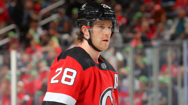 NEWARK, NJ - MARCH 27: Damon Severson #28 of the New Jersey Devils against the Montreal Canadiens on March 27, 2022 at the Prudential Center in Newark, New Jersey.