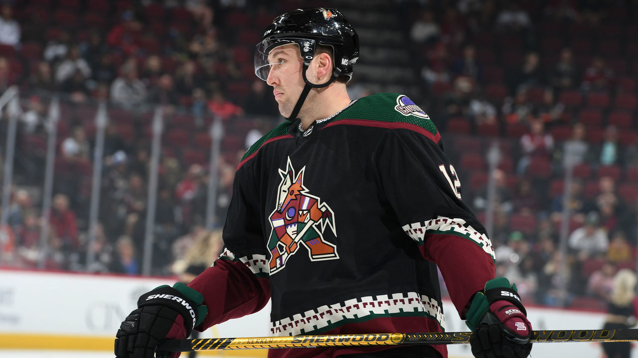 GLENDALE, ARIZONA - APRIL 01: Nick Ritchie #12 of the Arizona Coyotes skates across the ice during a stop in play against the Anaheim Ducks at Gila River Arena on April 01, 2022 in Glendale, Arizona. Ritchie was playing in his 400th career NHL game.