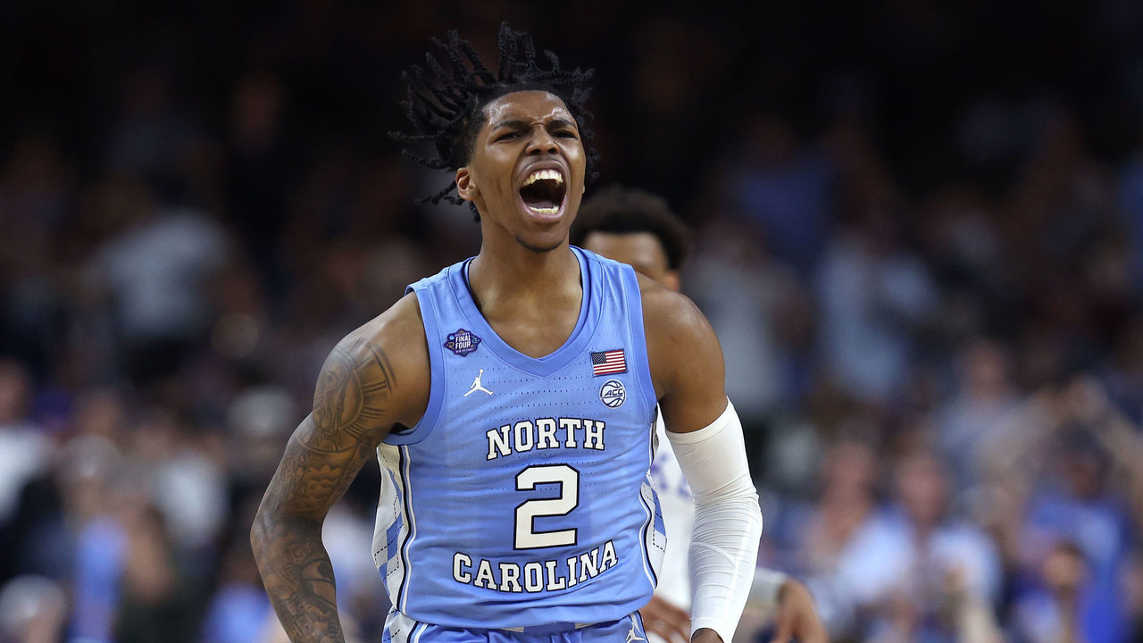 NEW ORLEANS, LOUISIANA - APRIL 02: Caleb Love #2 of the North Carolina Tar Heels reacts in the second half of the game against the Duke Blue Devils during the 2022 NCAA Men's Basketball Tournament Final Four semifinal at Caesars Superdome on April 02, 2022 in New Orleans, Louisiana.