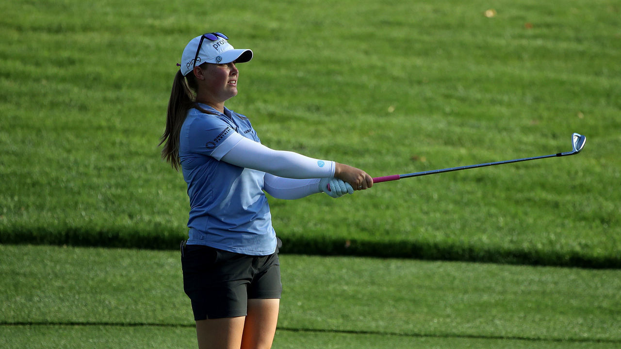 RANCHO MIRAGE, CALIFORNIA - APRIL 02: Jennifer Kupcho of the United States hits from the fairway on the 17th hole during the third round of The Chevron Championship at The Westin Mission Hills Golf Resort & Spa on April 02, 2022 in Rancho Mirage, California.