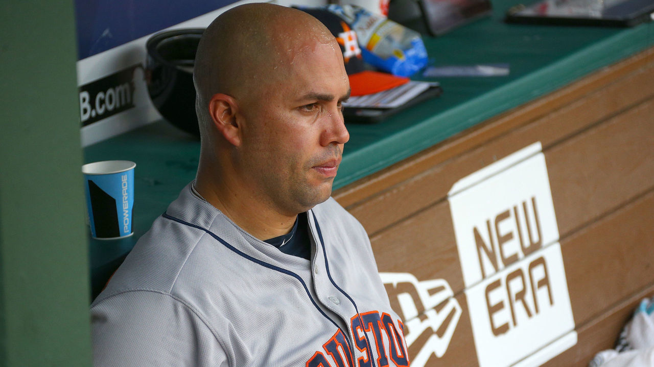 ARLINGTON, TX - AUGUST 13: Carlos Beltran #15 of the Houston Astros looks on from the dugout in the ninth inning against the Texas Rangers at Globe Life Park in Arlington on August 13, 2017 in Arlington, Texas.