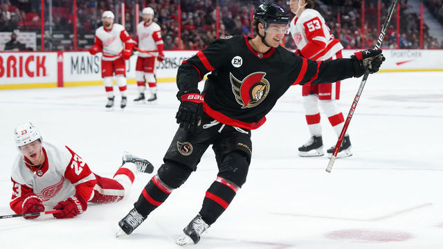 OTTAWA, ON - APRIL 3: Josh Norris #9 of the Ottawa Senators celebrates his hat-trick goal against the Detroit Red Wings at Canadian Tire Centre on April 3, 2022 in Ottawa, Ontario, Canada.