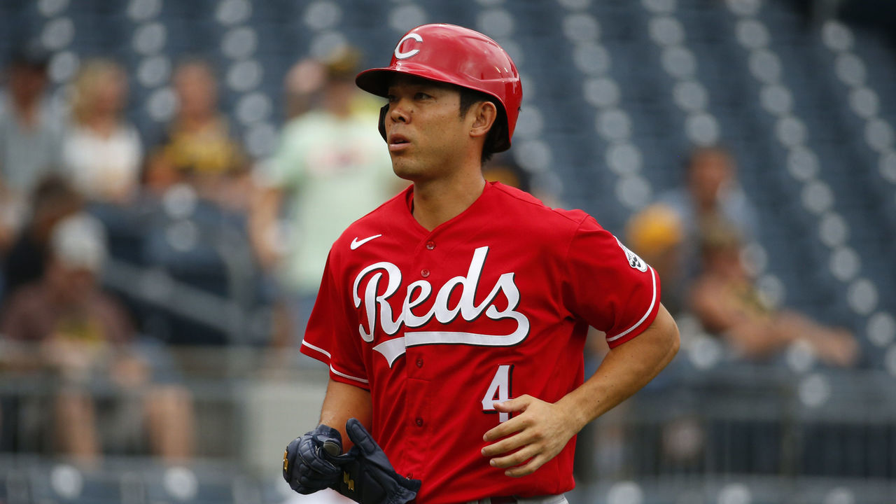 Cincinnati Reds outfielder Shogo Akiyama singles to left field in the