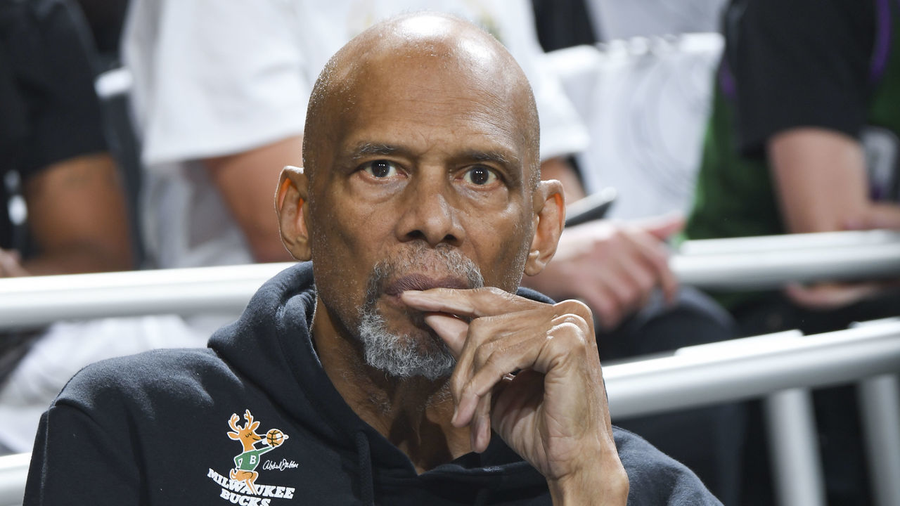 MILWAUKEE, WI - JULY 14: NBA Legend, Kareem Abdul-Jabbar attends a game between the Phoenix Suns and Milwaukee Bucks during Game Four of the 2021 NBA Finals on July 14, 2021 at the Fiserv Forum Center in Milwaukee, Wisconsin. Mandatory Copyright Notice: Copyright 2021 NBAE .