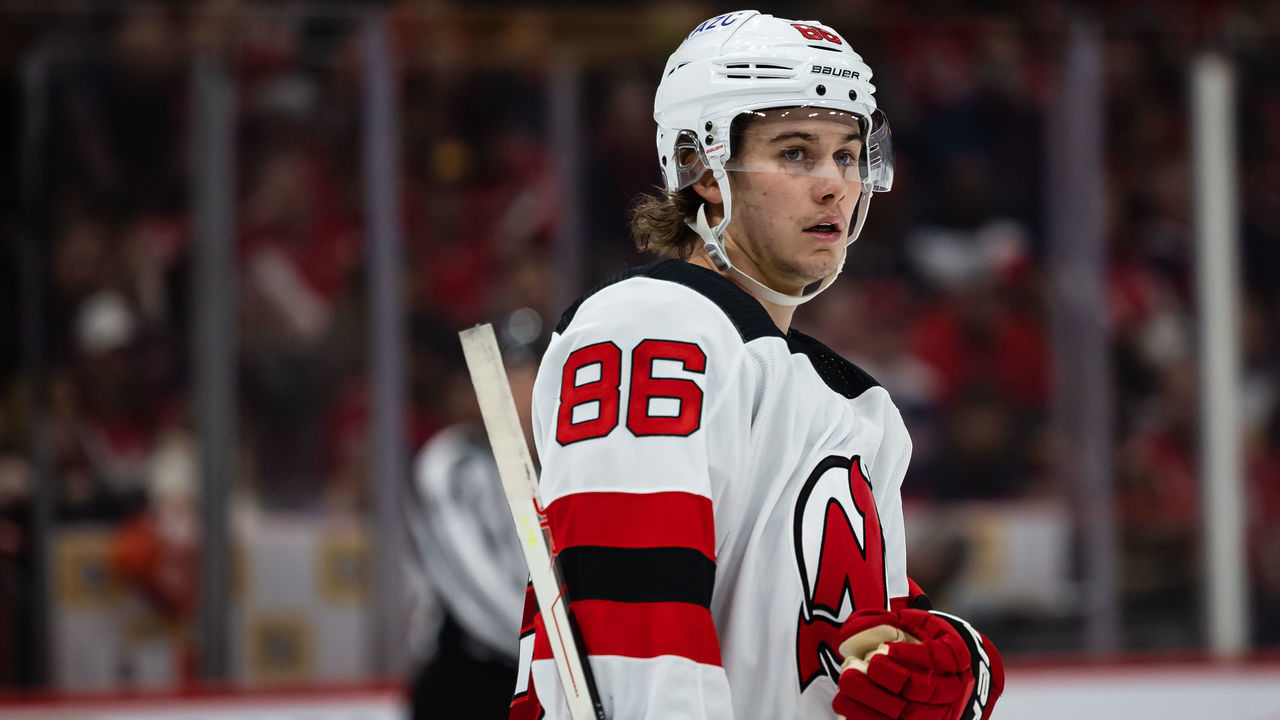 WASHINGTON, DC - March 26: Jack Hughes #86 of the New Jersey Devils looks on after a play against the Washington Capitals during the first period of the game at Capital One Arena on March 26, 2022 in Washington, DC.