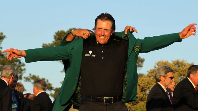 AUGUSTA, GA - APRIL 11: (L-R) Angel Cabrera of Argentina presents Phil Mickelson with the green jacket during the green jacket presentation after the final round of the 2010 Masters Tournament at Augusta National Golf Club on April 11, 2010 in Augusta, Georgia.