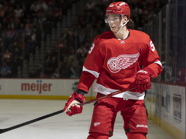 DETROIT, MI - MARCH 30: Moritz Seider (53) of the Detroit Red Wings follows the play against the New York Rangers during the second period of an NHL game at Little Caesars Arena on March 30, 2022 in Detroit, Michigan. The Rangers defeated Detroit 5-4 in O.T.