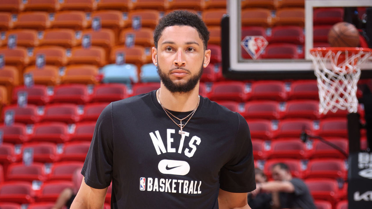 MIAMI, FL - MARCH 26: Ben Simmons #10 of the Brooklyn Nets warms up prior to the game against the Miami Heat on March 26, 2022 at FTX Arena in Miami, Florida. Mandatory Copyright Notice: Copyright 2022 NBAE