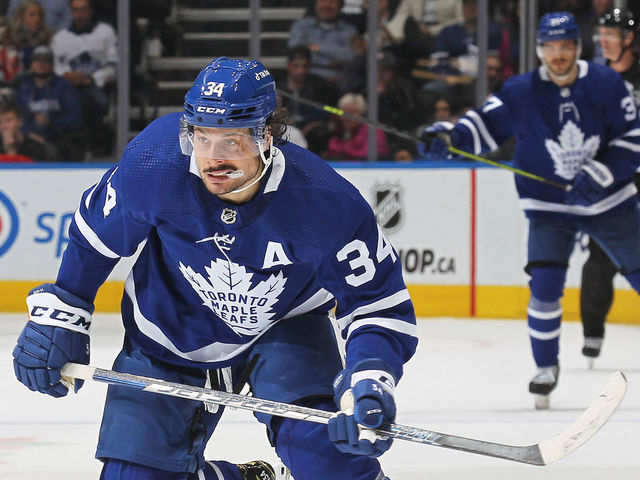 TORONTO, ON - MARCH 31: Auston Matthews #34 of the Toronto Maple Leafs skates to the attack against the Winnipeg Jets during an NHL game at Scotiabank Arena on March 31, 2022 in Toronto, Ontario, Canada. The Maple Leafs defeated the Jets 7-3.