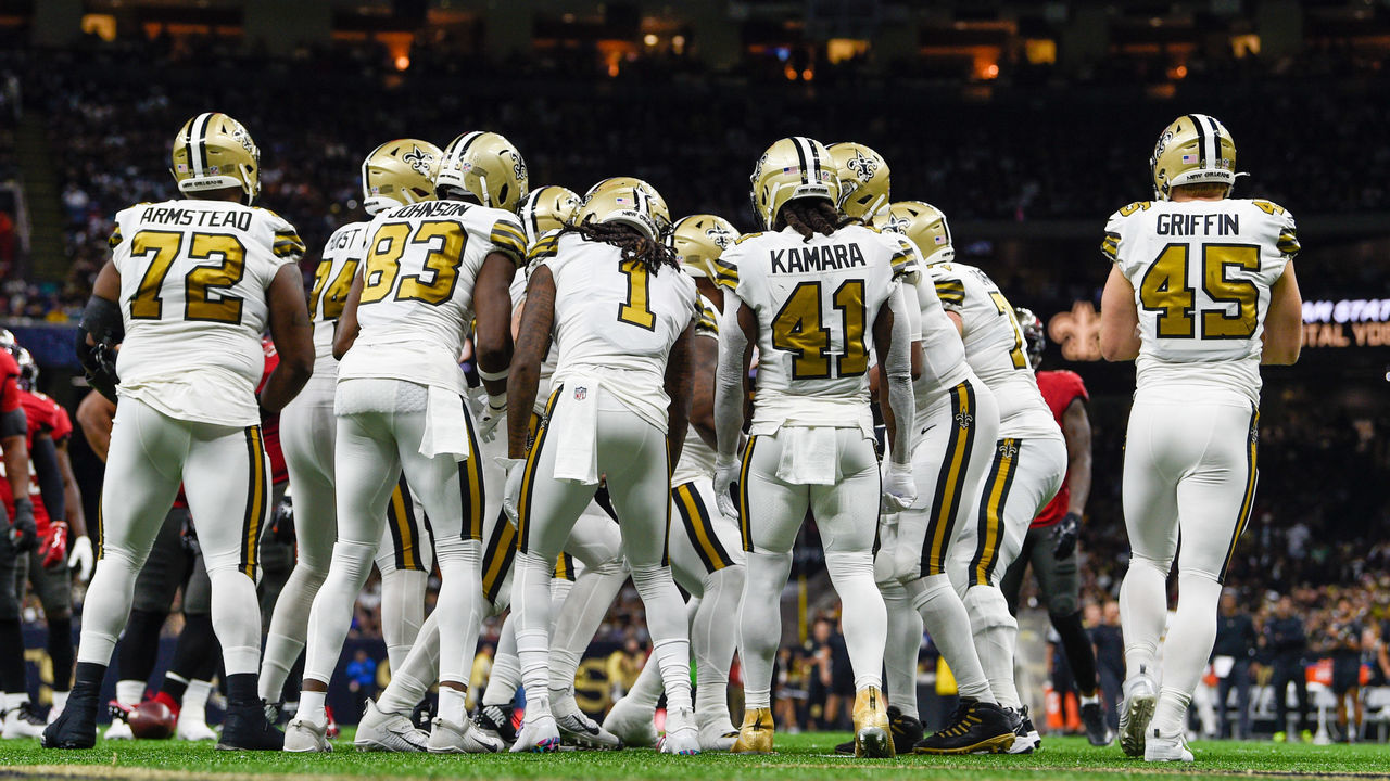 NEW ORLEANS, LA - OCTOBER 31: The Saints offense huddles near its own endzone during the football game between the Tampa Bay Buccaneers and New Orleans Saints at Caesar's Superdome on October 31, 2021 in New Orleans, LA.