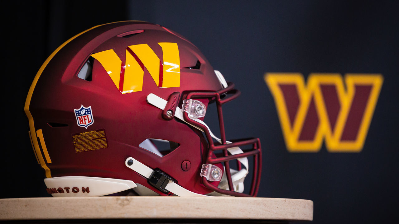 ASHBURN, VA - MARCH 17: A view of a Washington Commanders helmet on display during a press conference to introduce quarterback Carson Wentz at Inova Sports Performance Center on March 17, 2022 in Ashburn, Virginia.