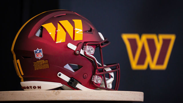 ASHBURN, VA - MARCH 17: A view of a Washington Commanders helmet on display during a press conference to introduce quarterback Carson Wentz at Inova Sports Performance Center on March 17, 2022 in Ashburn, Virginia.
